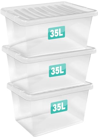 3 x 35 Litre Clear Plastic Storage Boxes With Lids Set of 3, Transparent Multipurpose Nestable Stackable Plastic Box With Lid Containers For Home, Kitchen, Garage, Office, Accessories