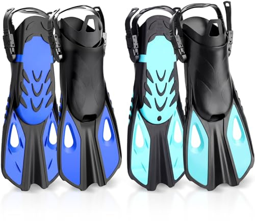 Shappy 2 Pairs of Snorkel Fins Swim Fins Travel Size Short Adjustable Buckles Open Heel Swim Flippers for Snorkeling Diving Swimming Adult Men Womens(Blue, Green,L/XL (Adult US Size 9-13))