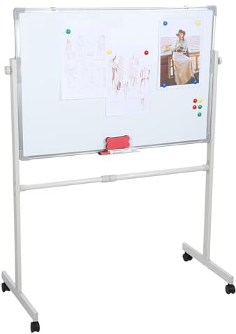 Tableau blanc effaçable sur pied à roulettes, Tableau blanc magnétique double face réglable en hauteur 155-200cm, Grand tableau blanc mobile avec plateau, 60x90cm (Blanc)
