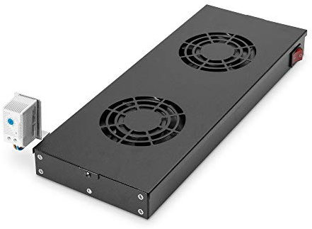 DIGITUS fan unit for 19-inch network cabinet – 2 fans – variable mounting on 19-inch profile rails – 1U – thermostat – air flow rate 4.6 m³ per minute – black