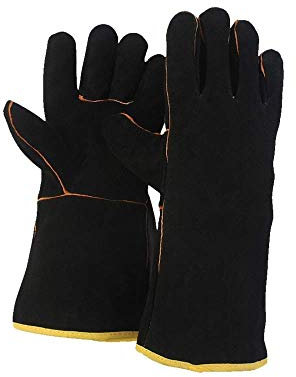 FZTEY Gants de soudage résistants à la chaleur et au feu - Gants de soudage à haute température - En cuir - Pour barbecue, Mig, brûleur à bois, cheminée - Noir