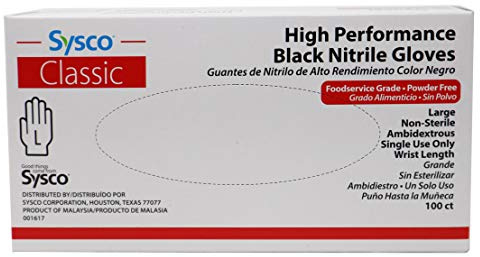 Sysco Nitrile High Performance Gloves, Powder Free, Food Grade, Disposable (100 Gloves Pack) (Large - Black)