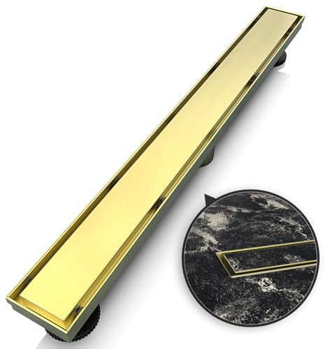 WEBANG 24 Inch Shower Linear Gold Drain Rectangular Floor Drain with Accessories Reversible 2-in-1 Cover Tile Insert Grate Removable SUS304 Stainless Steel CUPC Certified Brushed Gold Brass