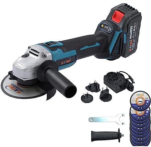 Smerigliatrice Angolare a Batteria Brushless 21V/18V KATSU FIT-BAT con 4,0Ah Batteria e Caricabatterie, 115mm 125mm, 10 x 115mm Dischi Smerigliatura in Acciaio Inossidabile 102611