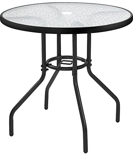 Yaheetech Ø70 cm Bistrotischrund rutschfesten mit Schirmloch & Glasplatte | Runder Gartentisch, Beistelltische Balkontisch mit Wassermuster Terrassentisch aus Metall für Balkon/Terrasse, Schwarz