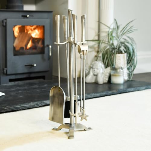 Contemporary Pewter Finish 61cm Fireplace Accessories Companion Set - Fireside Tools with Poker, Tongs, Brush and Pan - Elegant and Functional Fireside Companion Set for Fire Log Burner