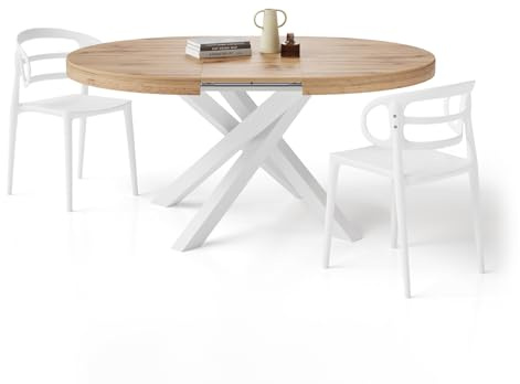 MOBILI FIVER, Table Ronde Extensible Emma, 120-160 cm, Bois Rustique, avec Pieds Blancs croisés, pour 4-6 Personnes, Table Extensible pour Cuisine, Salon, Made in Italy