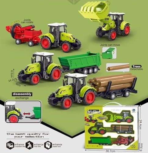 AptoFun 1:55 Bauernhof Spielzeug Set, 2X Friktionsbetriebene Traktoren, Einer mit Frontlader und Baustammgreifer + 3 Universal Anhänger + 5 Baumstämme für Kinder ab 1 Jahr