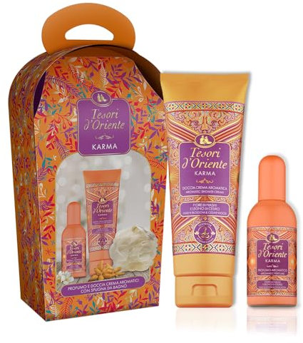 Tesori d'Oriente - Idea Regalo Set Karma, con Doccia Crema 250 ml e Profumo Aromatico 100 ml, Include Spugna, Fragranza Fresca e Floreale, Note di Bergamotto, Nashi, Vaniglia e Fava Tonka