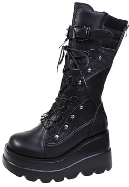 Ulalaza Bottes de cheville de plate-forme Goth pour femmes avec boucles d'aile de chauve-souris talons de blocs gross