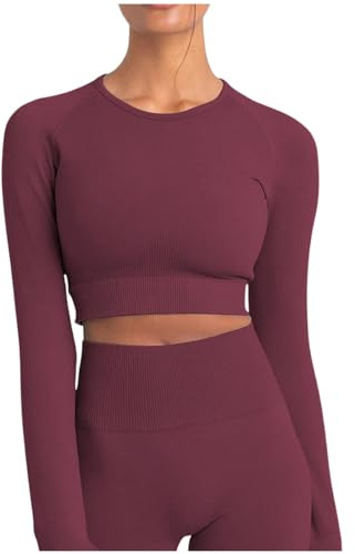 Crop Top Sport Damen Langarm Sommer T-Shirt schnell Trockene Funktionsshirt bequem atmungsaktiv Yoga Oberteil Fitness Shirts Bauchfreie Sport Laufshirt Sportoberteil Running Top, O Vino, M