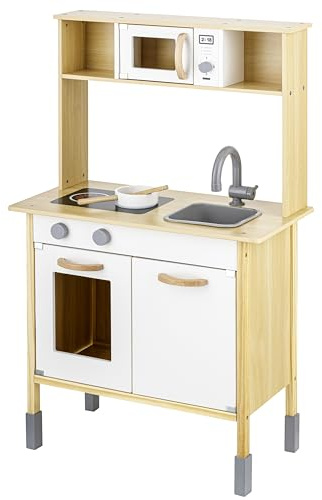 Baroni Toys Cuisine jeu en bois Montessori pour fille, jouet mini cuisine en bois pour enfant, jeu cuisine avec four micro-ondes, évier et poêle, jeu enfants de 3 à 7 ans, 58 x 30 x 96 cm