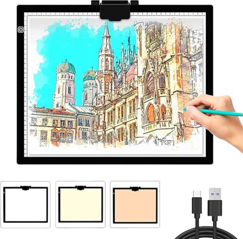 Ultratunn A3 Led-ljusbord, Ljusplatta Med Usb-kabel, 3 Färger Steglös Dimbar, Led Ljuskuddar Med Klämmor för Målning, Animation, Kalligrafi, Tatuering, Teckning