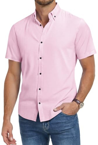 Misfuso Chemise Homme Manches Courtes en Couleur Uni sans Repassage Chemise Homme Décontracté d'Été Rose M