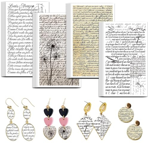 OLYCRAFT 24 Stück Handgeschriebenes Französisches Ton Transferpapier 4 Design Transferpapier Für Polymer Poesie Polymer Ton Transferblätter Vintage Thema Kleines Transferblätter Für Ohrringe