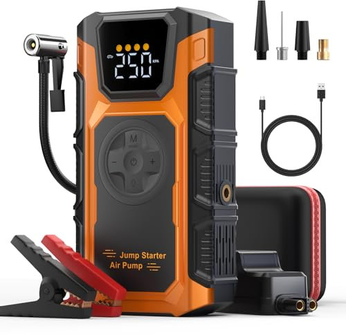 Starthilfe Powerbank für pkw, 6000A Auto Starthilfe Powerbank mit Kompressor 150PSI, 12V Starter Powerbank(bis Alle Benzin/10L Diesel), Batterie Booster Jump Starter mit QC3.0, Jumper/LCD/Taschenlampe