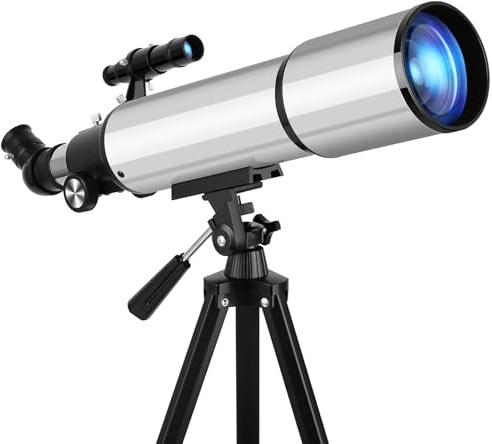 Telescopio refractor astronómico 90/600 mm con trípode de aluminio – Juego completo con 2 oculares (10 mm y 25 mm), 3 lentes Barlow, adaptador para smartphone y bolsa de transporte