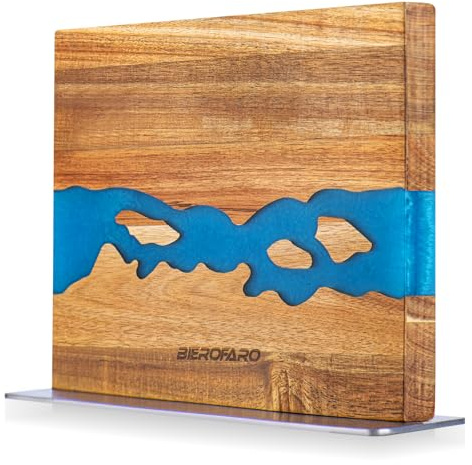 Magnetic Knife Block with Steel Base, Double‑Sided Knife Holder Made of Acacia Wood for Chef Knives, Modern Kitchen Countertop Organizer, Blue Resin River Design