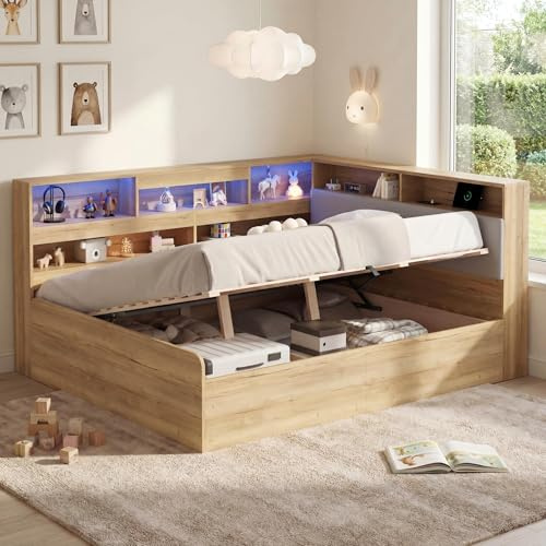 Merax Lit pour enfant 140x200 cm avec rangement hydraulique, lit de jour avec USB-C et LED, lit en bois avec structure montée à gauche/droite au choix, lit pour adolescent, couleur naturelle (sans