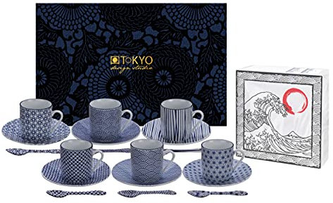 TOKYO design studio Nippon Blue Espresso Set Bleu-Blanc, 18 pièces, 6X Tasses à Expresso avec soucoupes et cuillères, Porcelaine Asiatique, Design Japonais, INCL. boîte Cadeau