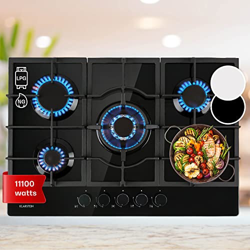 Klarstein Tables de Cuisson à Gaz, Plaque de Cuisson, Table Encastrable à 5 Feux de 11100W, Cuisiniere, Gaziniere avec 5 Brûleurs en Acier Inoxydable, Cuisinières GPL
