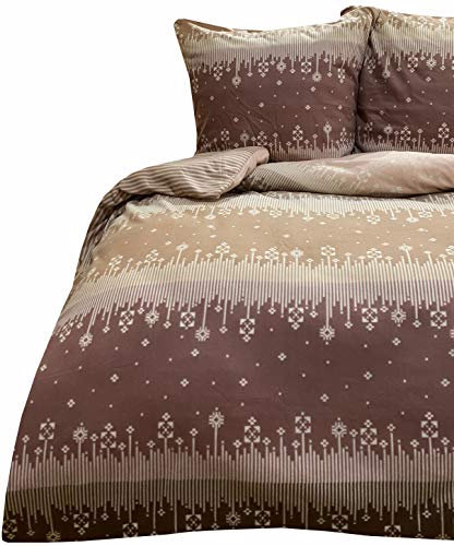 Leonado Vicenti Warme Winter Bettwäsche Thermo Fleece flauschig Schlafzimmer Set Bezug Kissen mit Reißverschluss, Farbe:Beige Gestreift, Maße:135 x 200 cm