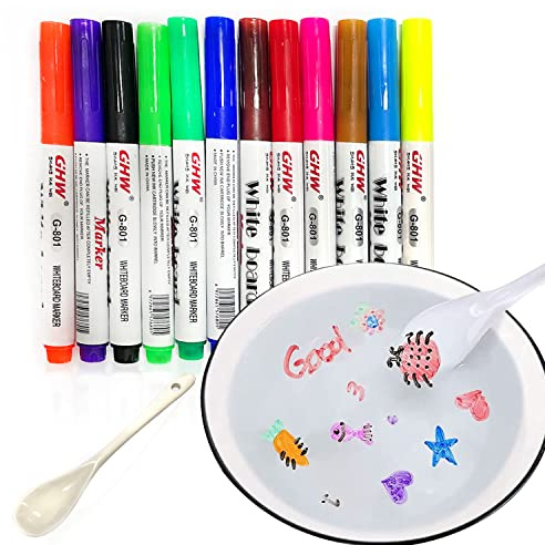 Pennello ad acqua a 12 colori, pennarello galleggiante in acqua per la pittura, graffiti cancellabili a secco per bambini penna multiuso per pittura ad acqua (1 cucchiaio gratuito)