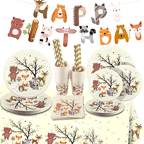 Set di 127 stoviglie per feste di compleanno, animali della foresta, safari, per 25 ospiti, set di piatti di carta, tovaglioli, cannucce di carta, stoviglie usa e getta per compleanno, matrimonio