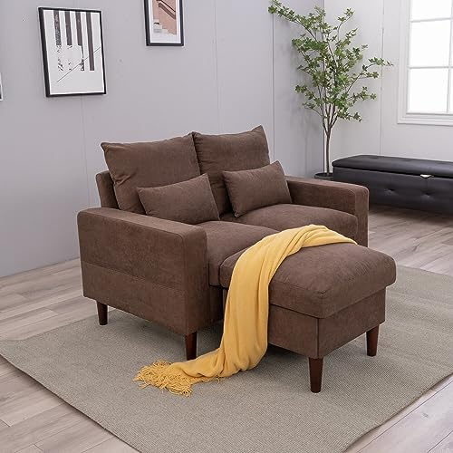 Panana Linen Fabric Love Seats Couch Sofas (Brown, 2 Seater with footstool)