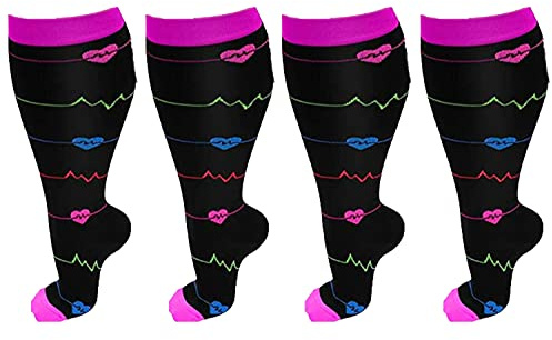 Cheeroyal 2 Pair Plus Size Compression Socks for Women Men Flight Socks Knee High Support Compression Socks Wide Calf Medical Compression Stocking Plus Size Running Socks (4XL, WQH144-1)