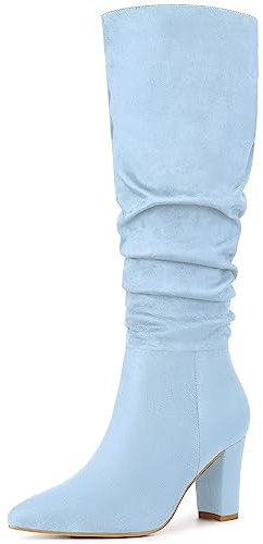 Allegra K Women's Slouch Pointed Toe Chunky Heel Sky Blue Knee High Boots 9.5 M US