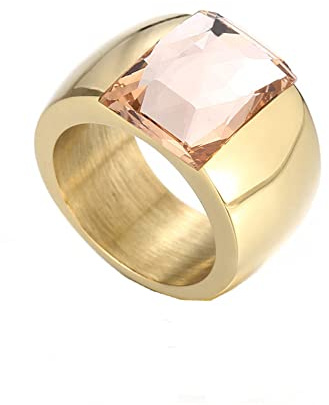 PAMTIER Anello con Gemma Multicolore Largo 10mm per Donne Anello a Fascia in Acciaio Inossidabile con Pietra Esagerata Champagne Placcato Oro Misura 14