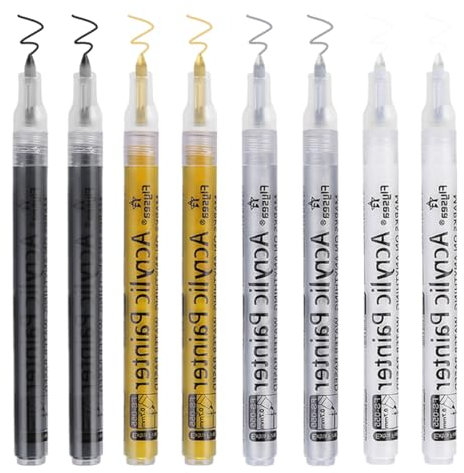 Acrylstifte Schwarz Weiß Gold Silber, 8 Stück Acrylstifte Marker Stifte 0,7mm, Acrylstifte für Steine Wasserfest, Metallic Stifte Dünn Spitze Permanent, für Holz Glas Papier Keramik Leinwand Leder