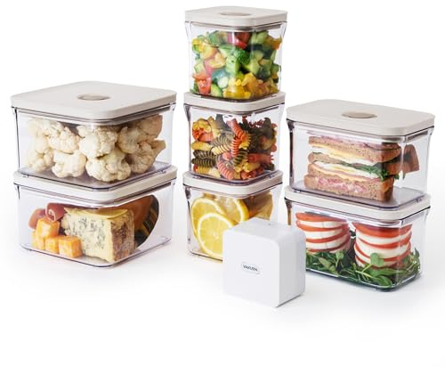 VAKUEN Premium lufttät matförvaringsbehållare. Specialutgåva 8P/set. 7 st behållare och vakuumtätare. Smart tätningslock med ett klick, patenterat dubbelt silikonfoder, 100 % läckagesäkert, BPA-FRI