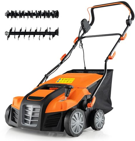 COSTWAY Elektro Vertikutierer & Rasenlüfter 41 cm, 15A 2-in-1 Rasenvertikutierer mit 3 Stufen Höhenverstellung & 5 Stufen Arbeitstiefe, Klappbarer GEH-Rasenlüfter mit 55 L Auffangbehälter (Orange)