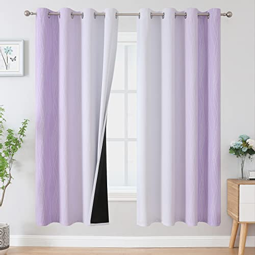 VEHEDE Ombre Blackout Thermal Curtains & Drapes for Kids Room, Strip Wave Pattern Noise Reducing Gradient Curtains 72 Inch Drop for Living Room, W52 x L72 Inch, Lilac and Greyish White, 2 Panels