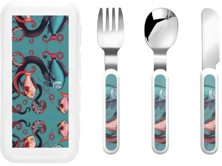 Fish and Octopus print Utensils,Fork Knife and Spoon Set,Ideal for School Lunch, Travel and Outdoors Activities