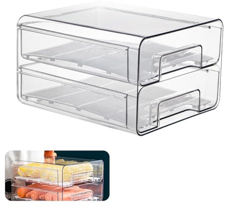 Boîte de Rangement, Boîtes pour Réfrigérateur avec Filet de Drainage Tiroir Organisateur de Réfrigérateur en Plastique Pet Organisateur D'armoire de Cuisine Transparent Empilable à Deux Couches