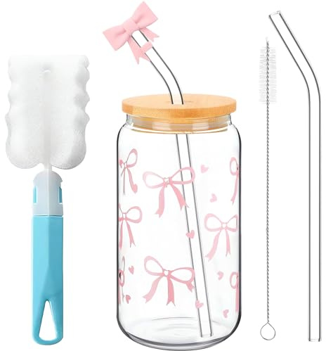 Nhcuijun Trinkgläser mit Deckel und Strohhalm, 16 oz Glasbecher Mit Reinigungsbürste und Pipettenstopfen, Trinkglas für Kaffee, Cocktails, Säfte, Whisky, Tee, Milch, etc