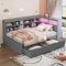 Kehun Kinderbett Sofabett 90x200 cm mit LED und USB Port, Schlafsofa Tagesbett mit Stauraum Schubladen und Ablagefach Kopfteil, Einzelbett Bett mit Lattenrost aus Holz, Grau, Ohne Matratze