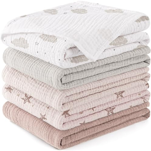 Susurration Muslin Cloths for Baby, 100% Cotton Baby Muslin Squares Cloths for Newborn Boy and Girl, Soft, Breathable and Extremely Absorbent Baby Muslin Burp Cloths, 60 x 60 cm, 5 Pack