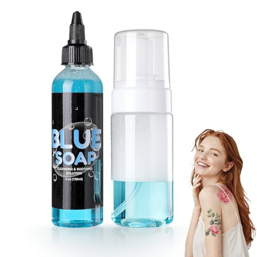 Comioke Jabón Azul del Tatuaje, 120ml/4oz Jabón de Tatuaje, Jabones Neutros Concentrados con Botella de Espuma, para Limpieza de la Piel