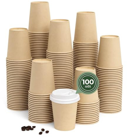 Maxi Products - 100 Vasos Cartón Kraft + Tapa Blanca - 250 cc (8 oz) - Vasos Desechables para Café para Llevar - Reciclables - Apto Alimentos Calientes - TAKE AWAY