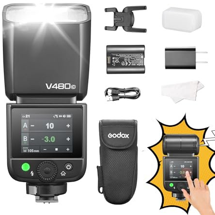 Godox V480 F TTL Kamerablitz Speedlite GN50 HSS 1/8000s 2,4 GHz X Wireless System 2-in-1 LED-Lampe mit Touchscreen, flexibler Sprungkopf, Diffusor für Fuji-Kameras