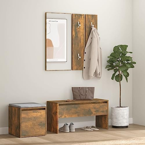 LVHUIDEH Garderoben-Set 5-teilig, Flur Garderoben Komplettprogramme mit 1 Flurbank, 1 Flurbox, 1 Wandspiegel und 2 Garderobe, Wandgarderobe, Stylishe Garderobenset, Flurmöbel, 80 x 30.5 x 40 cm