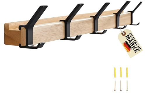 Novatta Garderobenleiste holz- Wandgarderobe als Hakenleiste mit 5 verschiebbare Kleiderhaken, Bilderleiste Holz- Garderobe wand, kleiderhaken garderobe, Jackenhalter wand.