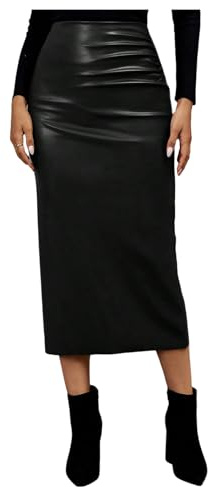 GORGLITTER Women's Casual Fitted Faux Leather Slit Maxi Skirt Ruched Side Elastic High Waist Long Pencil Skirts Black Medium