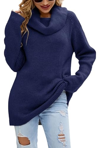 JFAN Maglione Invernale Donna Elegante a Collo Alto Maglione Manica Lunga Donna Caldo Pullover in Maglia Oversize Morbido Sweater Top(Navy,M)