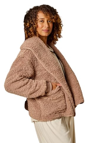 OHS Waterfall Teddy Fleece Cardigan for Women Shorter Length Open Front Long Sleeve Wrap Style Cardigan Sweater with Pockets Ultra Soft Warm Casual Wear & Lounging, Mink - L/XL
