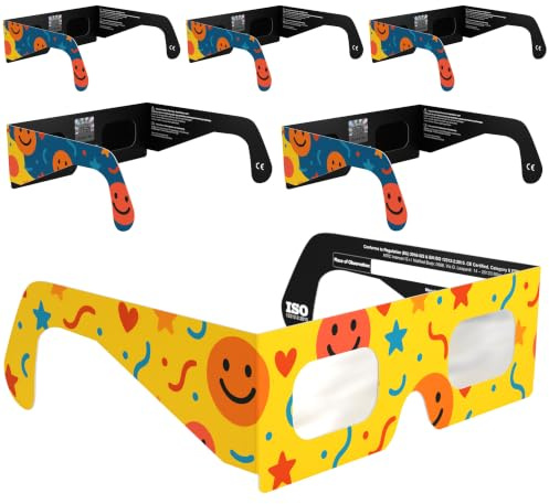 Absolute Eclipse Barn Solglasögon för Solförmörkelse 2026 för att Se Förmörkelsen - ISO 12312-2 CE Certifierade Godkända - 6-Pack Familj - Rolig Design - Vuxna Barn - Erkänd Europeisk Tillverkare AAS